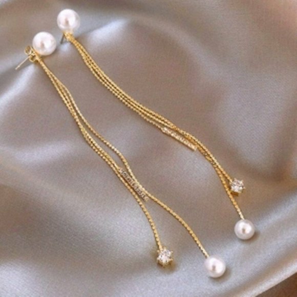 Modest Pearl Crystal Gold Dangle Drop Tassel Stud Earring Earrings Charm CZ - Picture 6 of 7